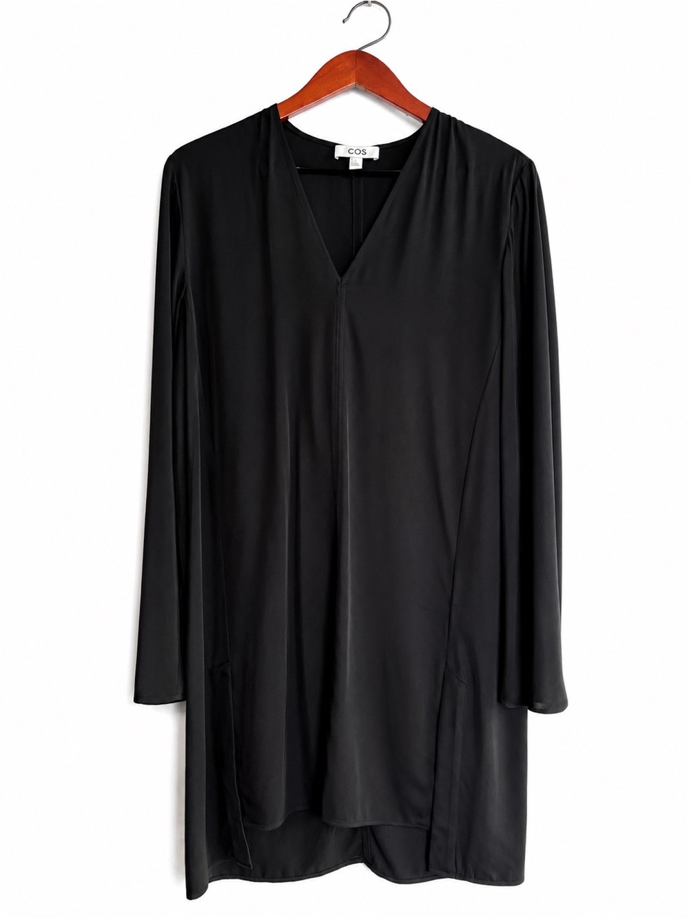 COS Black V-Neck High Low Tunic Dress Size 12 Minimalist Long Sleeve